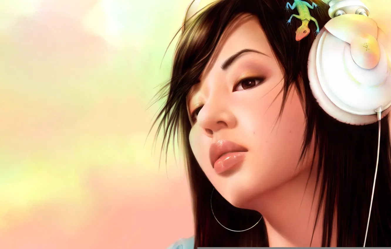 Photo wallpaper girl, picture, headphones, the lizard on the head