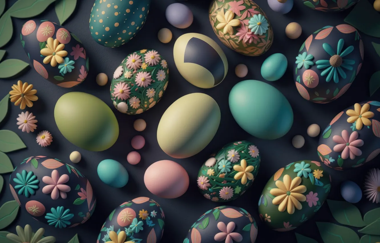 Photo wallpaper flowers, background, eggs, Easter, colorful, eggs, neural network