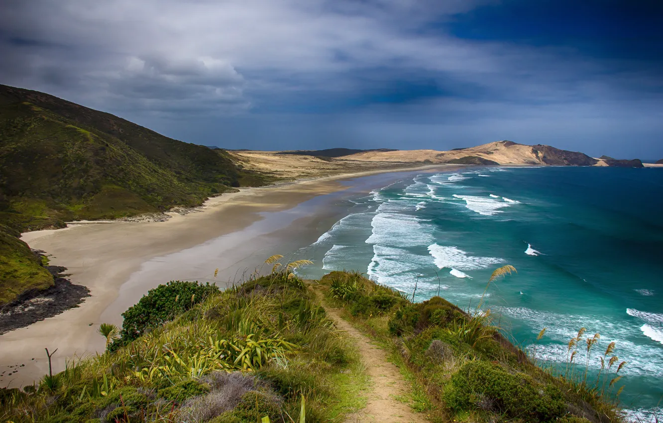Photo wallpaper sand, sea, beach, landscape, nature, New Zealand, path