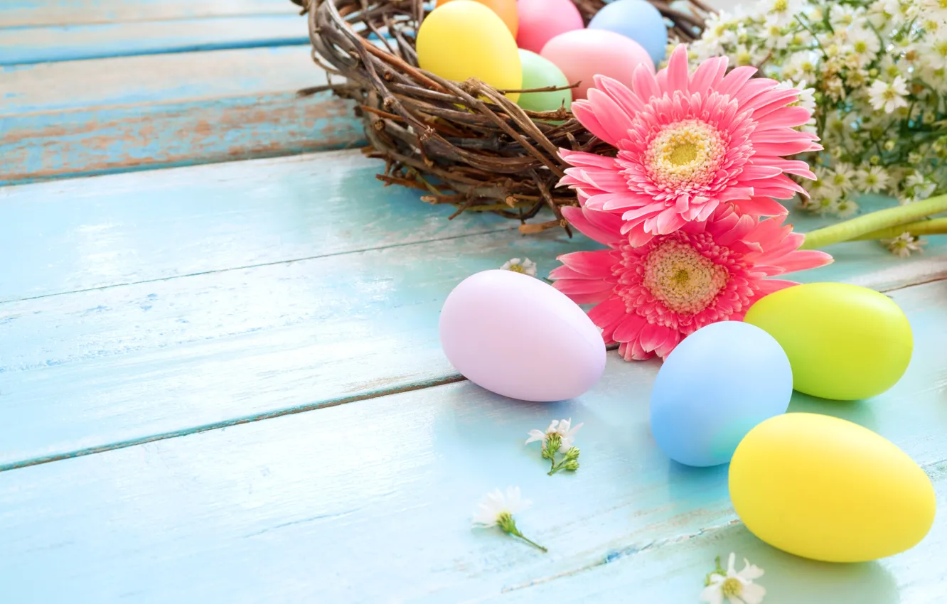 Photo wallpaper holiday, eggs, spring, Easter, socket, gerbera