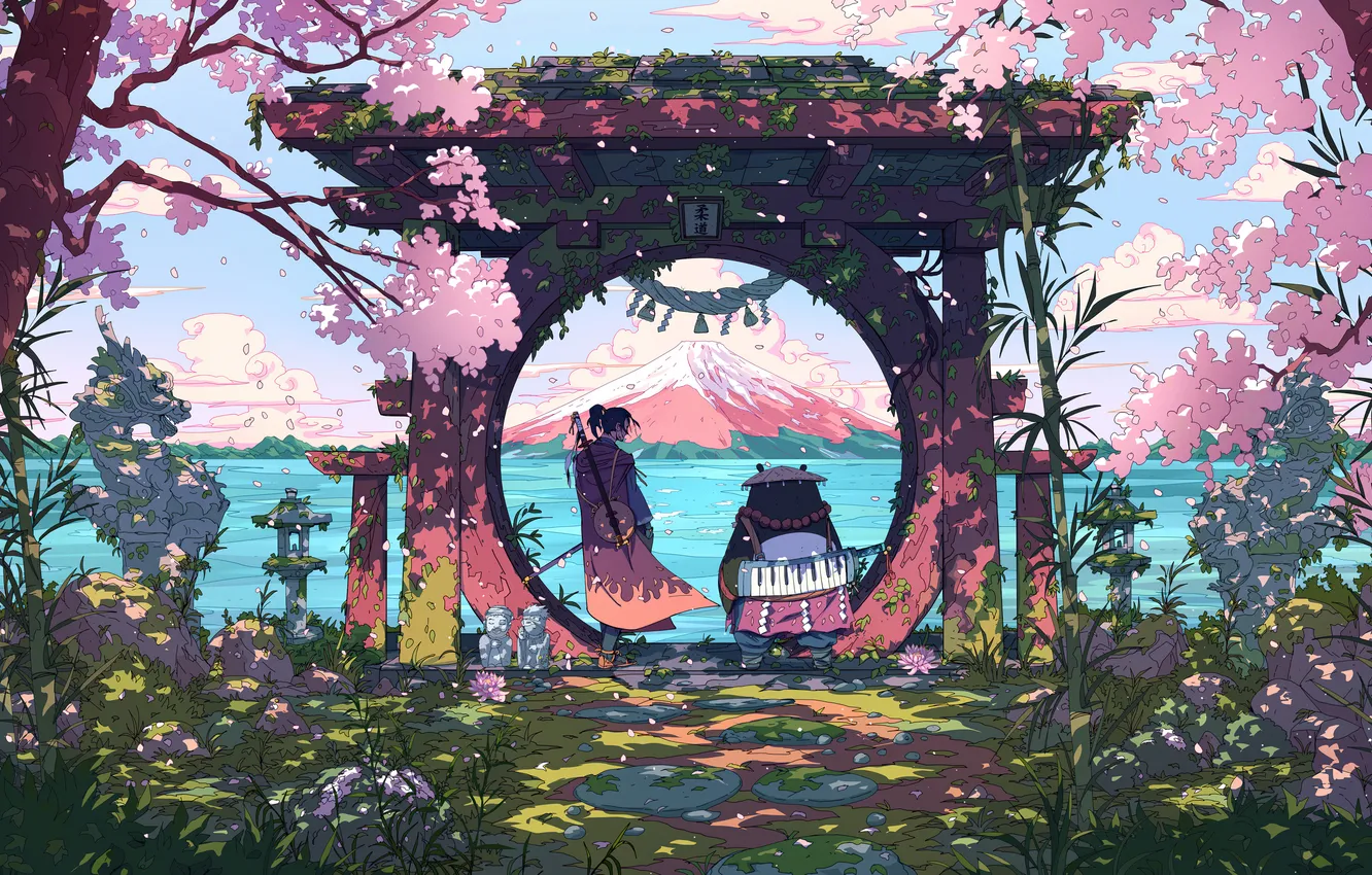 Photo wallpaper Japan, forest, Mount Fuji, trees, clouds, cherry blossom, samurai, gates