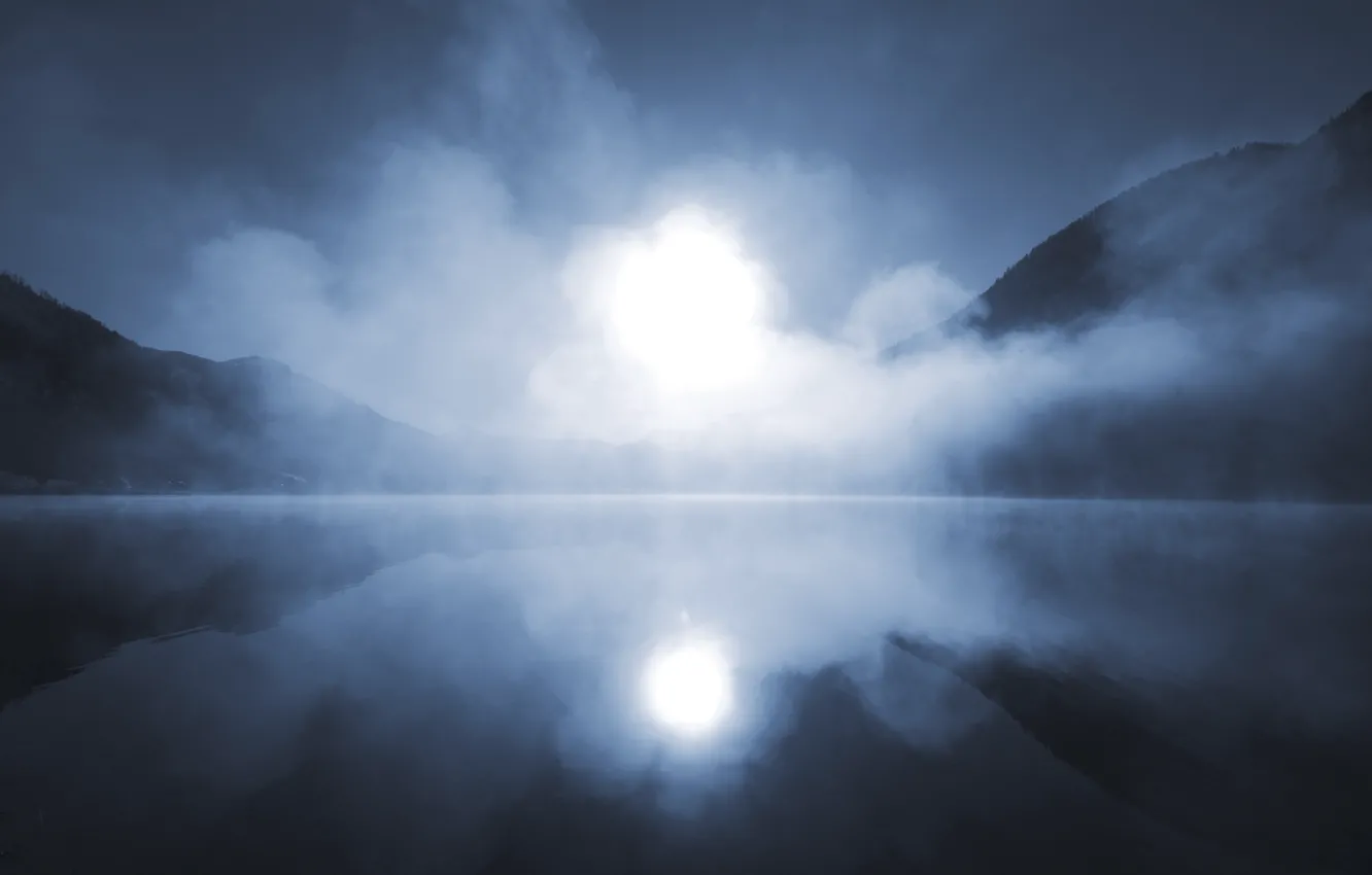 Photo wallpaper the sun, fog, lake, reflection