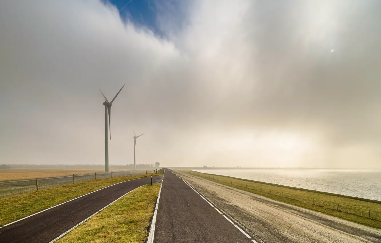 Photo wallpaper road, sea, fog, morning, windmills