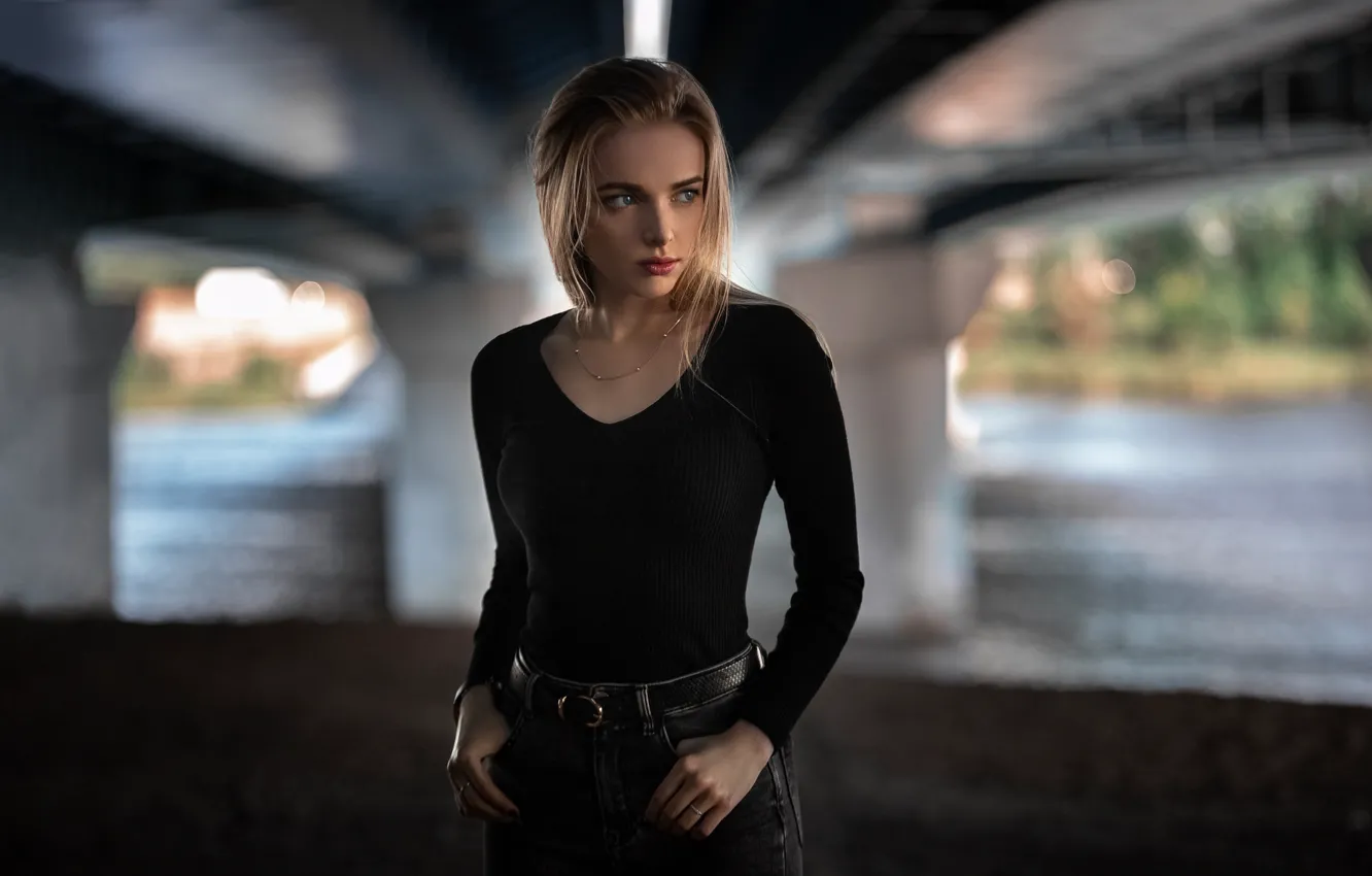 Photo wallpaper blouse, river, bridge, model, women, jeans, blonde, sweater