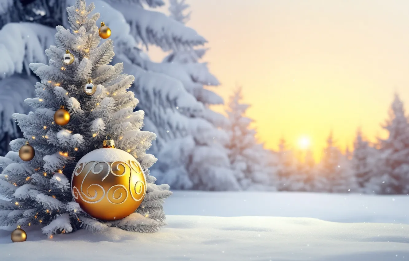 Photo wallpaper winter, snow, decoration, tree, ball, New Year, Christmas, golden