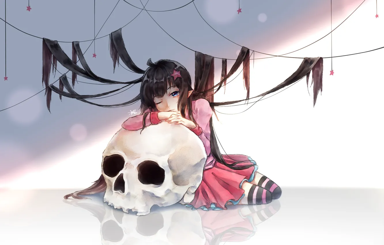 Photo wallpaper girl, hair, skull, stars, thread, AOTU Shijie