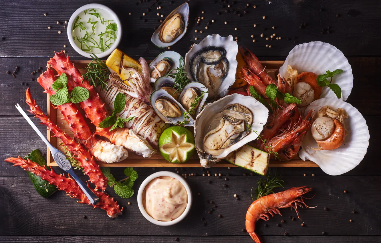 Photo wallpaper fish, lime, shrimp, seafood, cuts, oysters