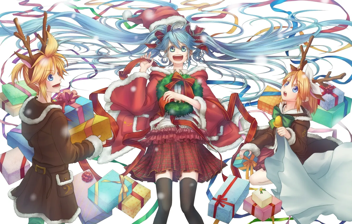 Photo wallpaper girl, holiday, gift, hat, new year, art, Christmas, horns