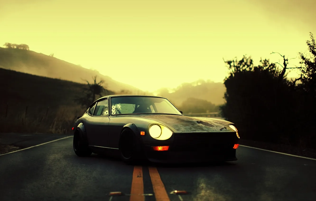 Photo wallpaper road, mountains, lights, hole, shot, Datsun 260Z