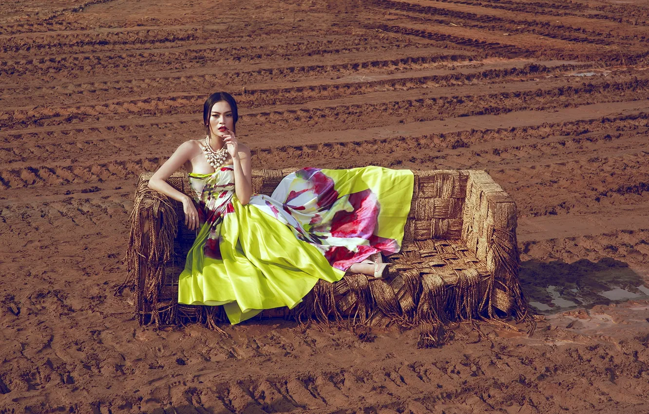 Photo wallpaper field, girl, sofa