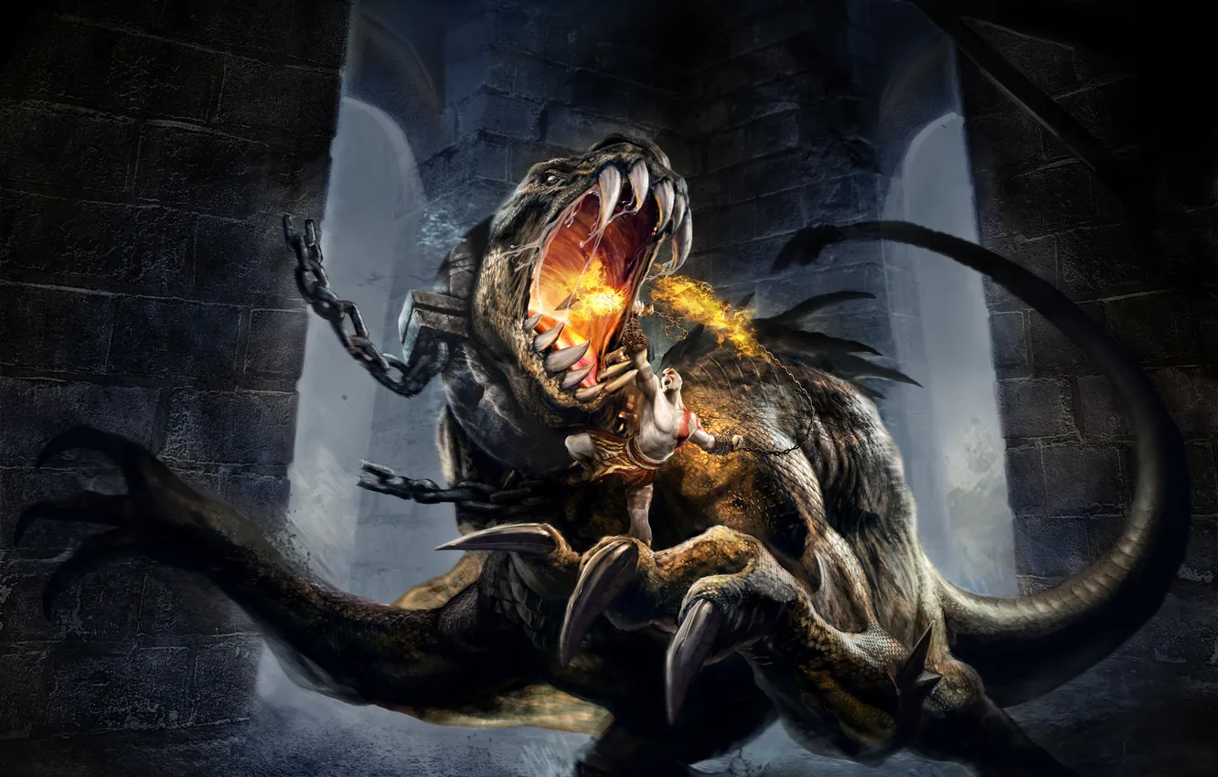 Photo wallpaper lights, monster, chain, claws, fangs, the battle, monster, god of war 3