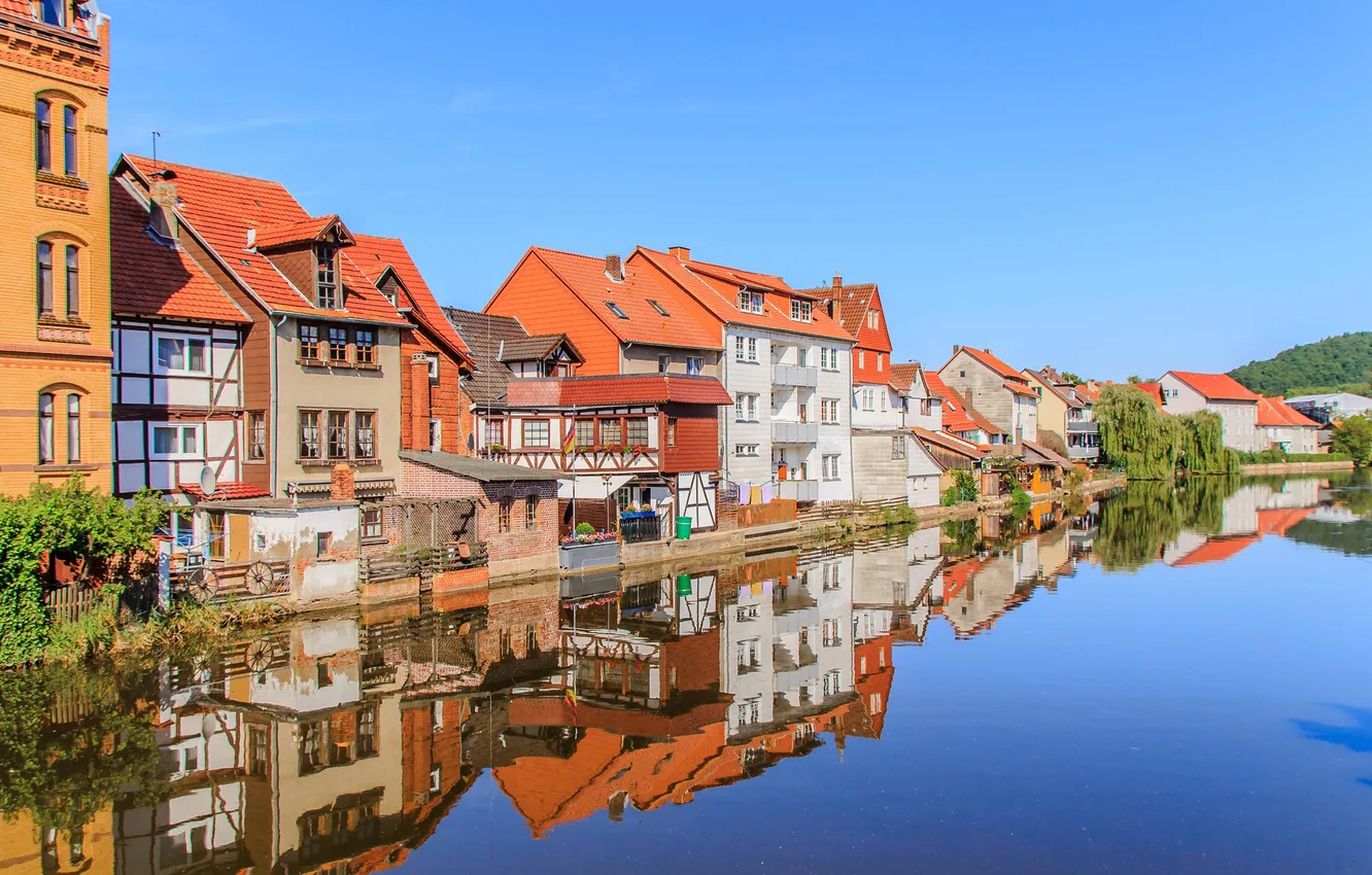 Photo wallpaper the sky, landscape, river, home, Germany, Hesse, Grebendorf