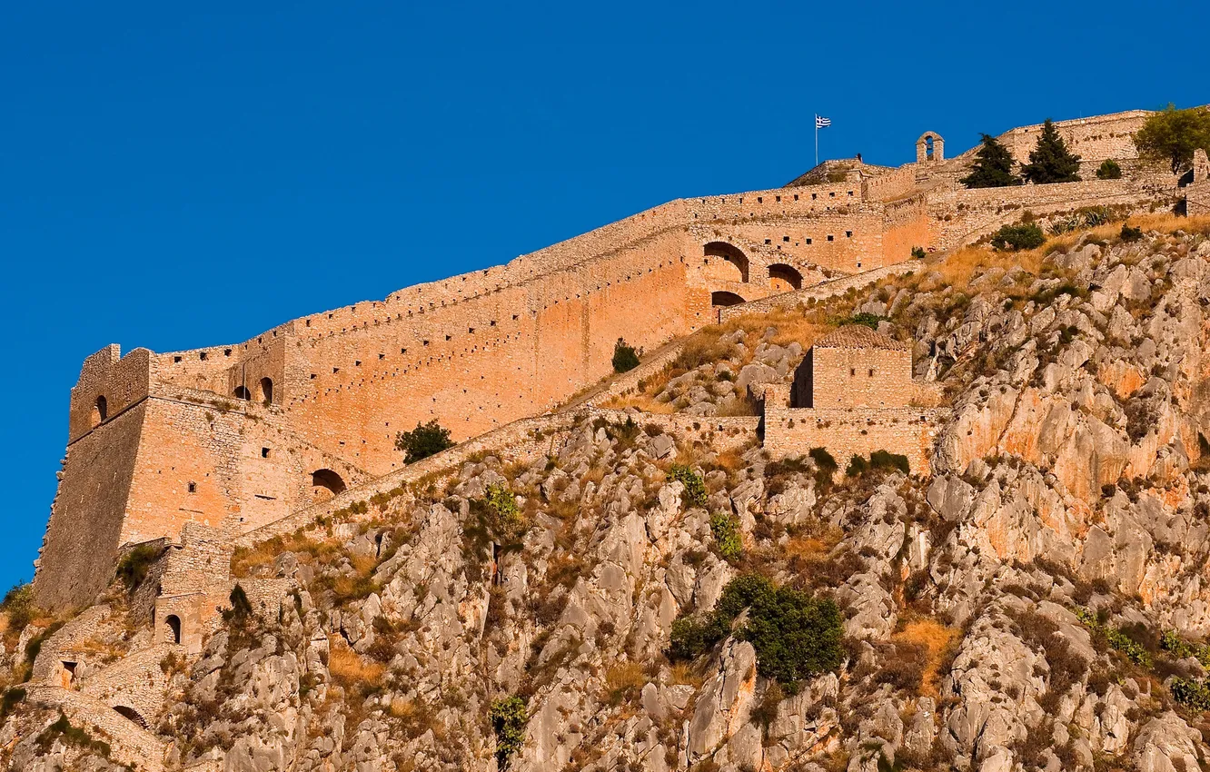 Photo wallpaper the sky, wall, rocks, Greece, fortress