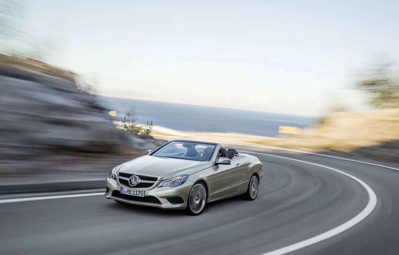 Photo wallpaper road, machine, auto, turn, The hood, Mercedes, convertible, E-Class