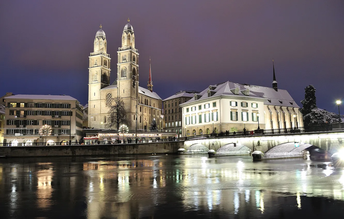 Photo wallpaper winter, snow, night, bridge, lights, river, home, Switzerland