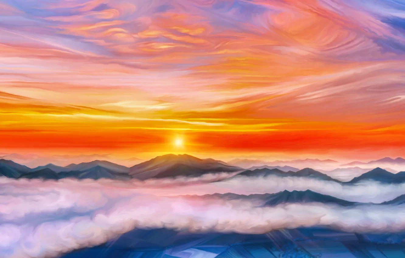 Photo wallpaper clouds, sunset, mountains, by exobiology