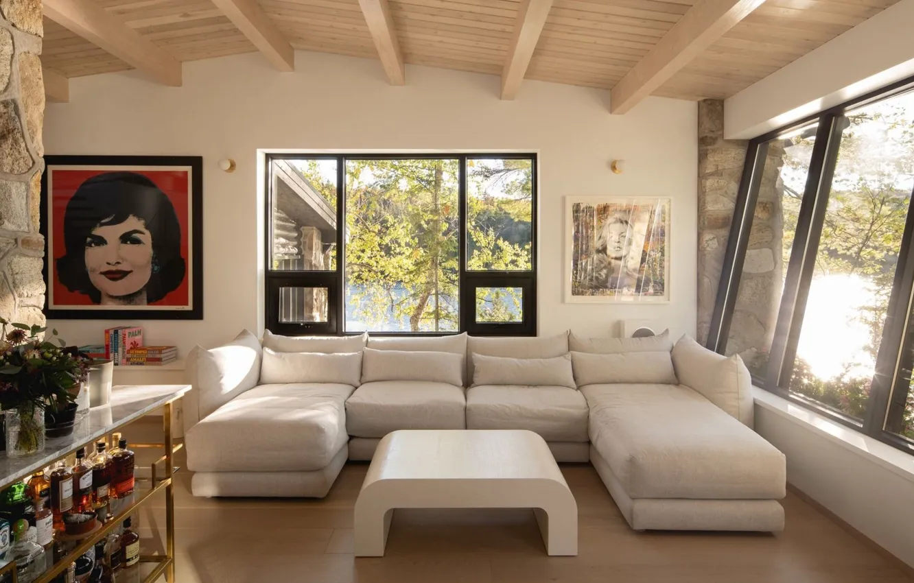 Photo wallpaper design, interior, bar, sofa, living room, by Paul Bernier Architecte, Cottage on the Point