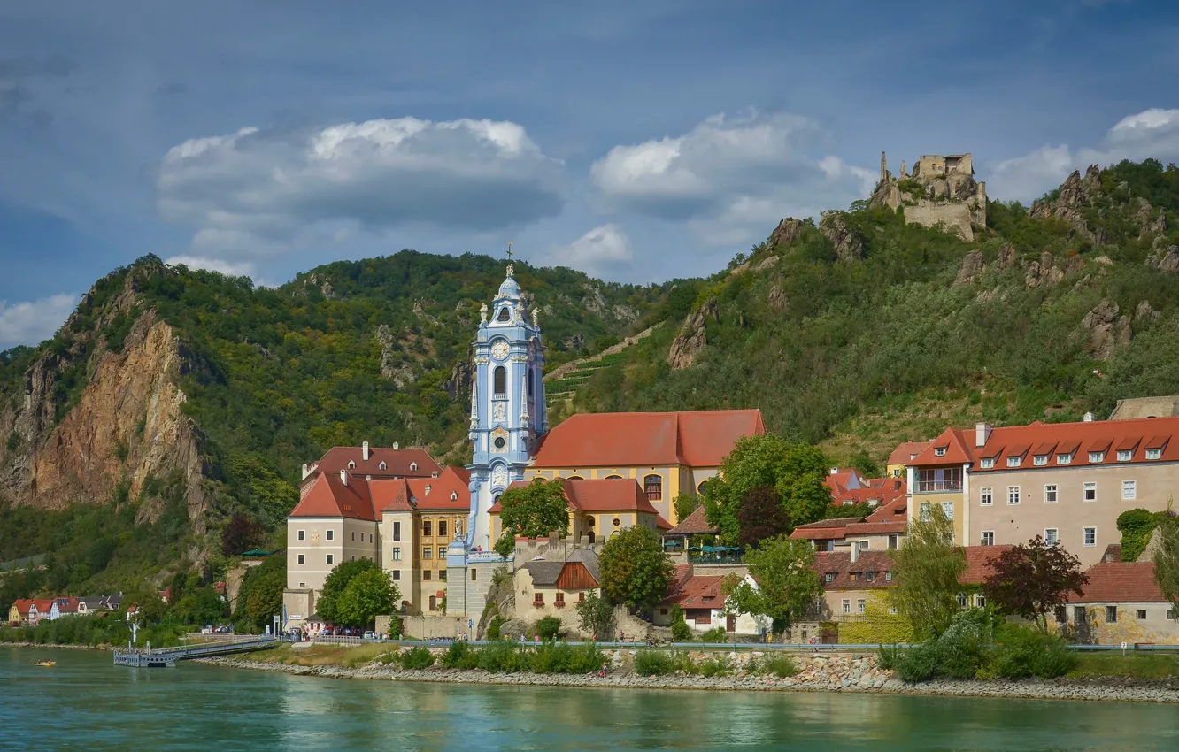 Photo wallpaper mountains, river, building, home, Austria, the ruins, the monastery, Austria