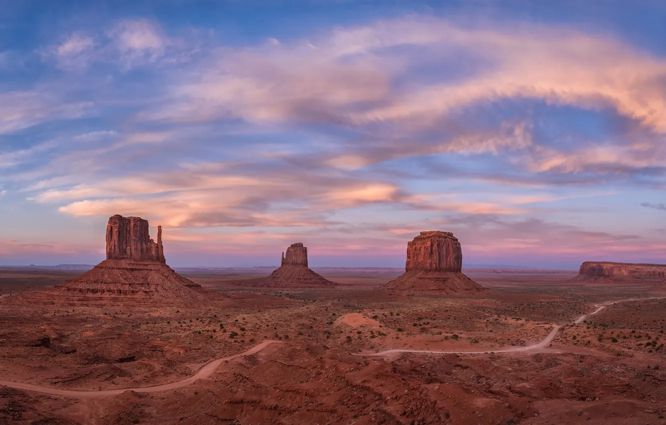 Photo wallpaper road, field, the sky, clouds, mountains, rocks, desert, view