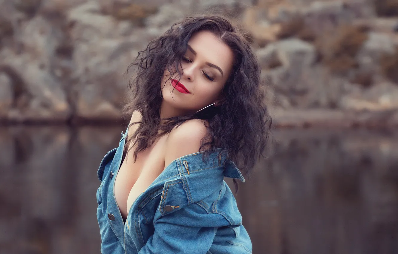 Photo wallpaper chest, smile, makeup, jacket, neckline