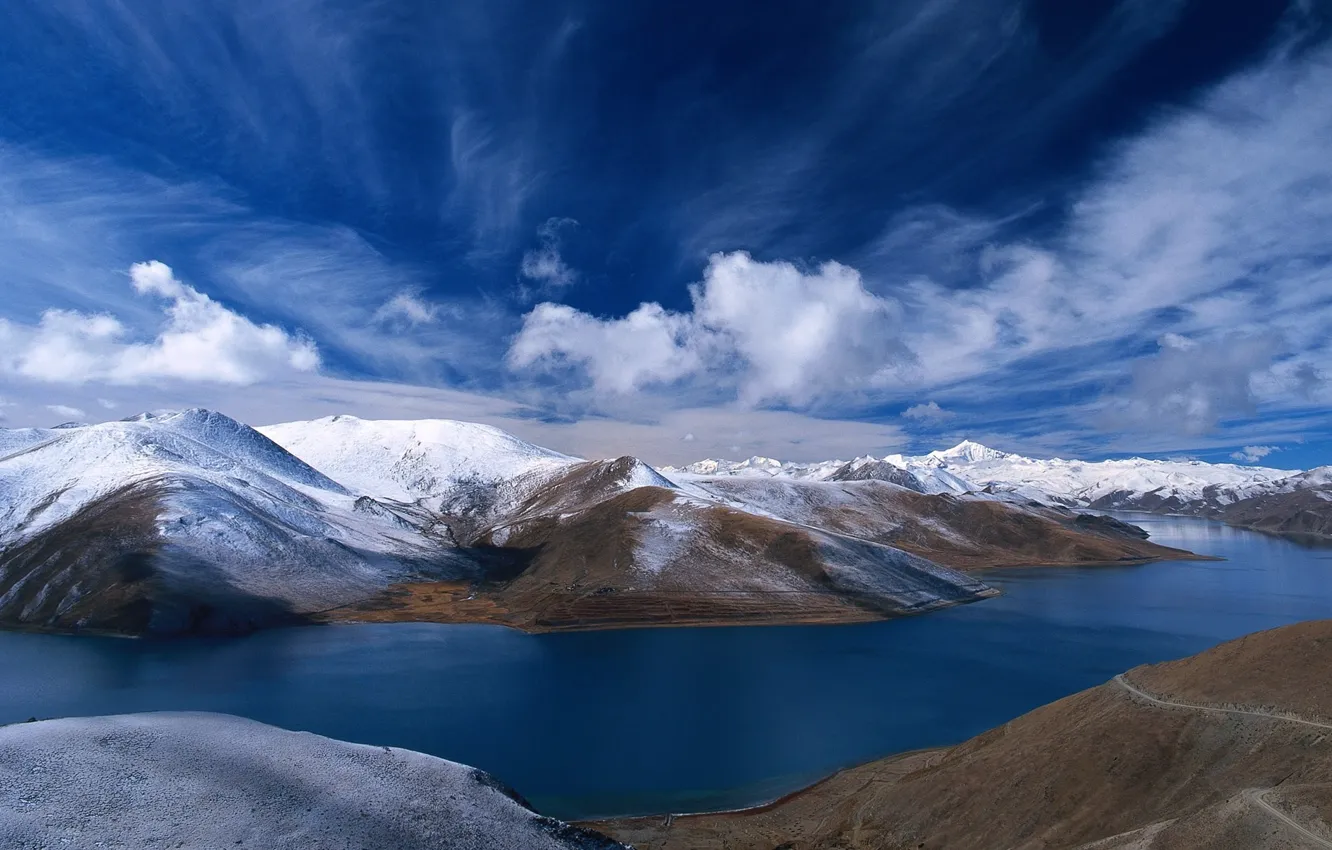 Photo wallpaper snow, mountains, river, hills