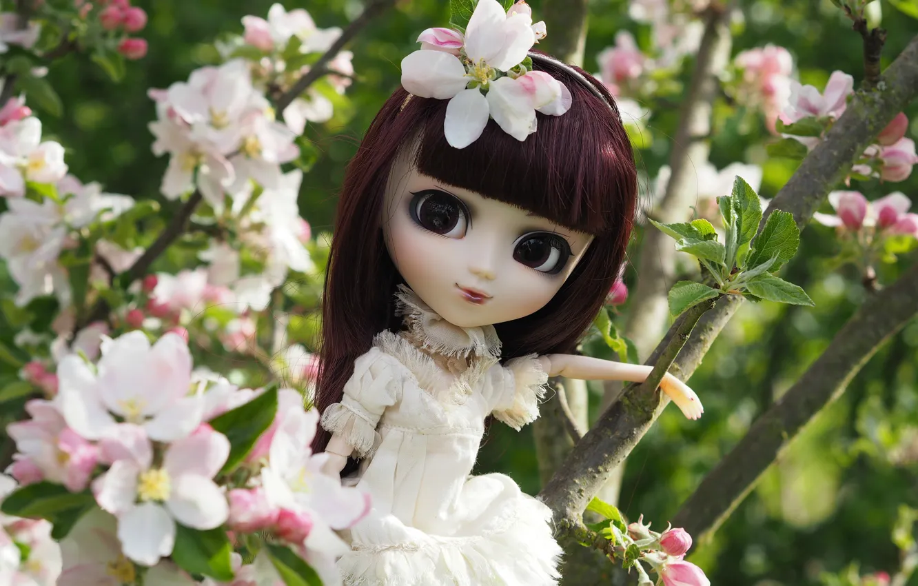 Photo wallpaper tree, spring, doll, girl, Apple, flowering