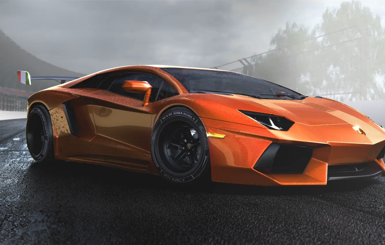 Photo wallpaper Lamborghini, Orange, Sun, Tuning, LP700-4, Aventador, Supercar, Wheels