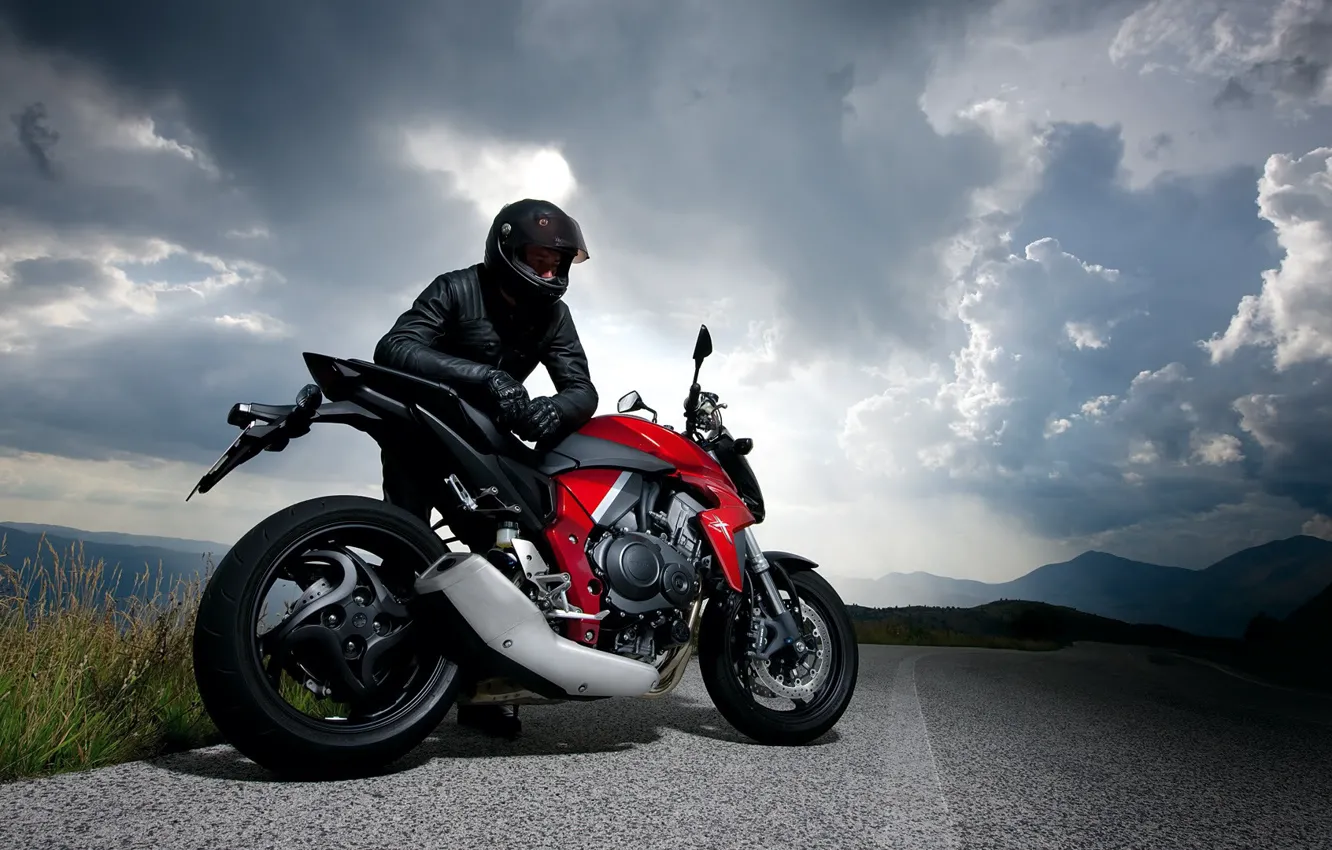 Photo wallpaper road, the sky, clouds, nature, motorcycle, racer