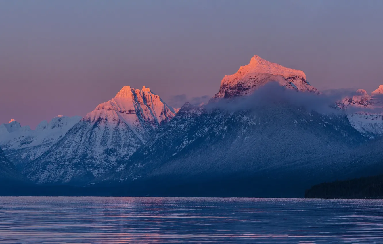 Photo wallpaper the sky, snow, trees, mountains, nature, lake, rocks, dawn