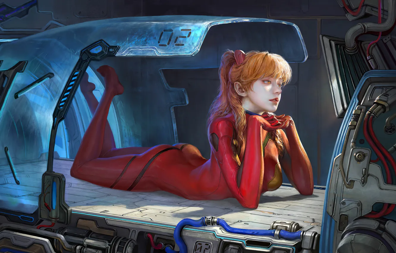 Photo wallpaper ass, Neon Genesis Evangelion, bodysuit, long hair, Asuka Langley Soryu, redhead, fan art, orange eyes