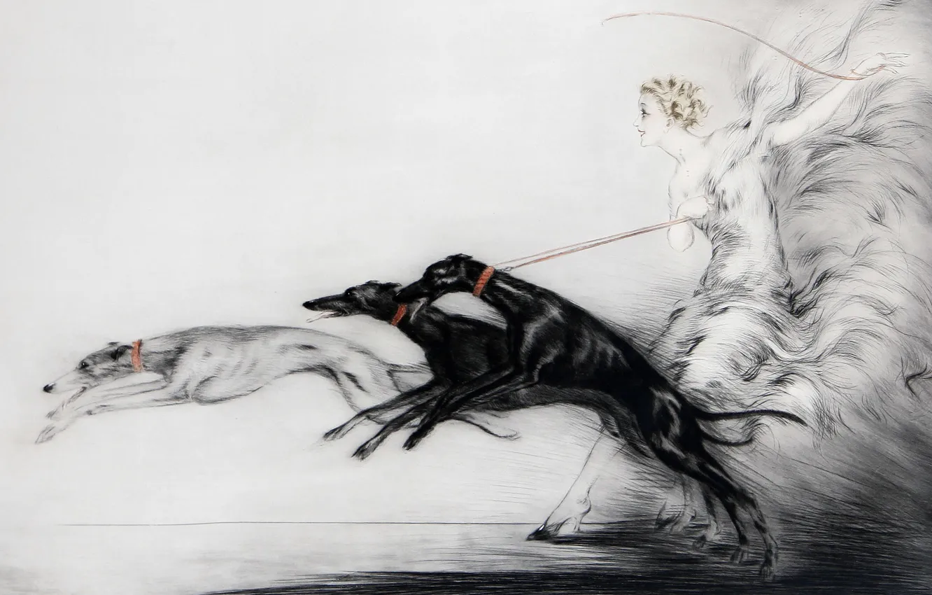 Photo wallpaper girl, retro, figure, dog, dress, running, shoes, pack