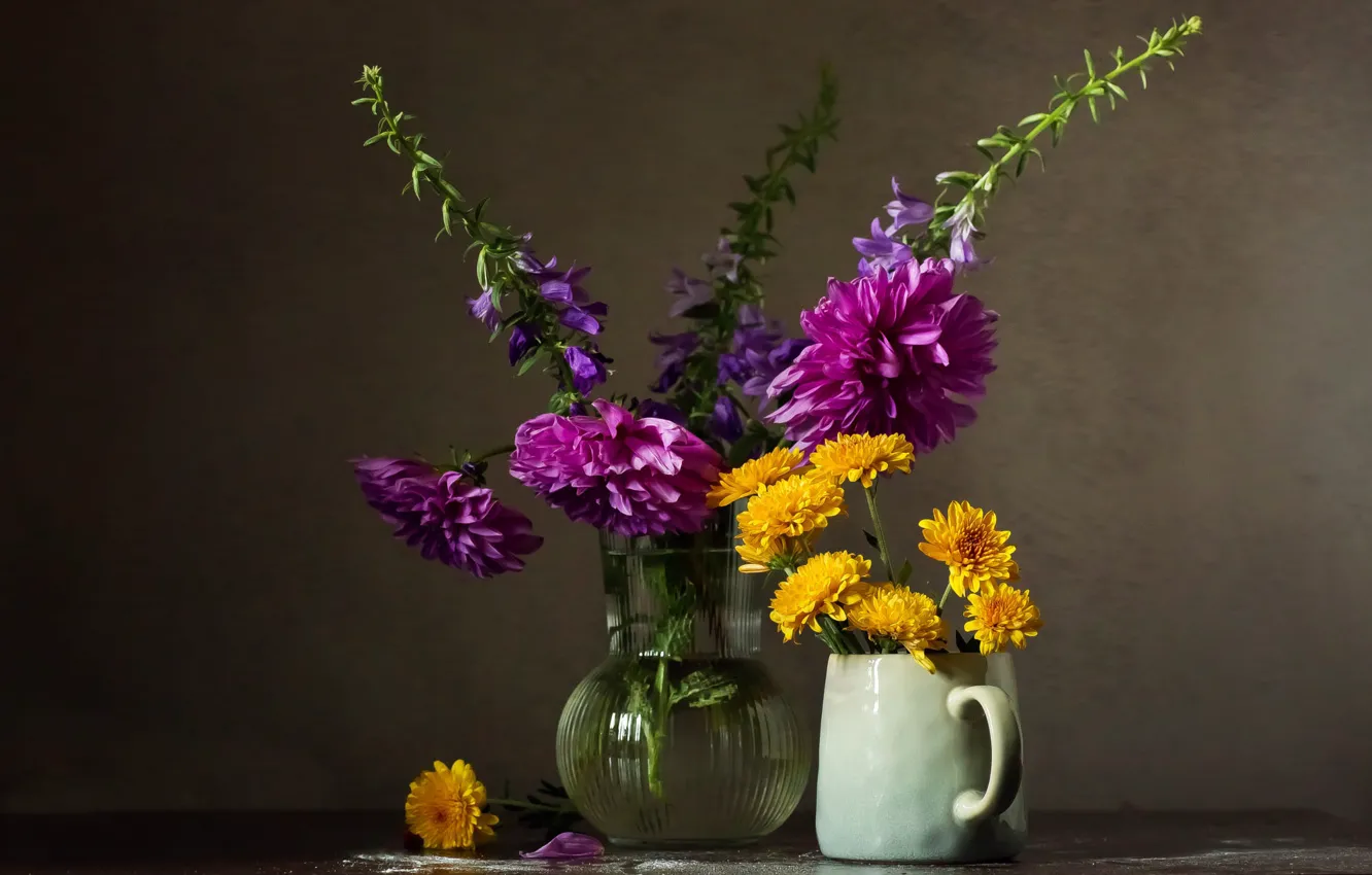 Photo wallpaper flowers, yellow, table, bouquet, mug, vase, pink, still life