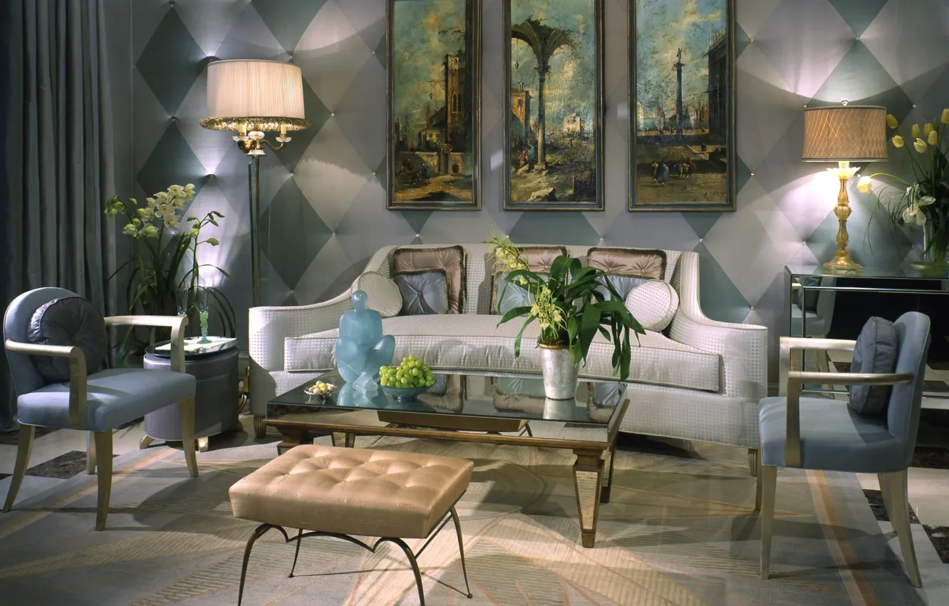 Photo wallpaper design, sofa, living room in the Venetian art Deco style, Venetian inspired art-deco living room, …