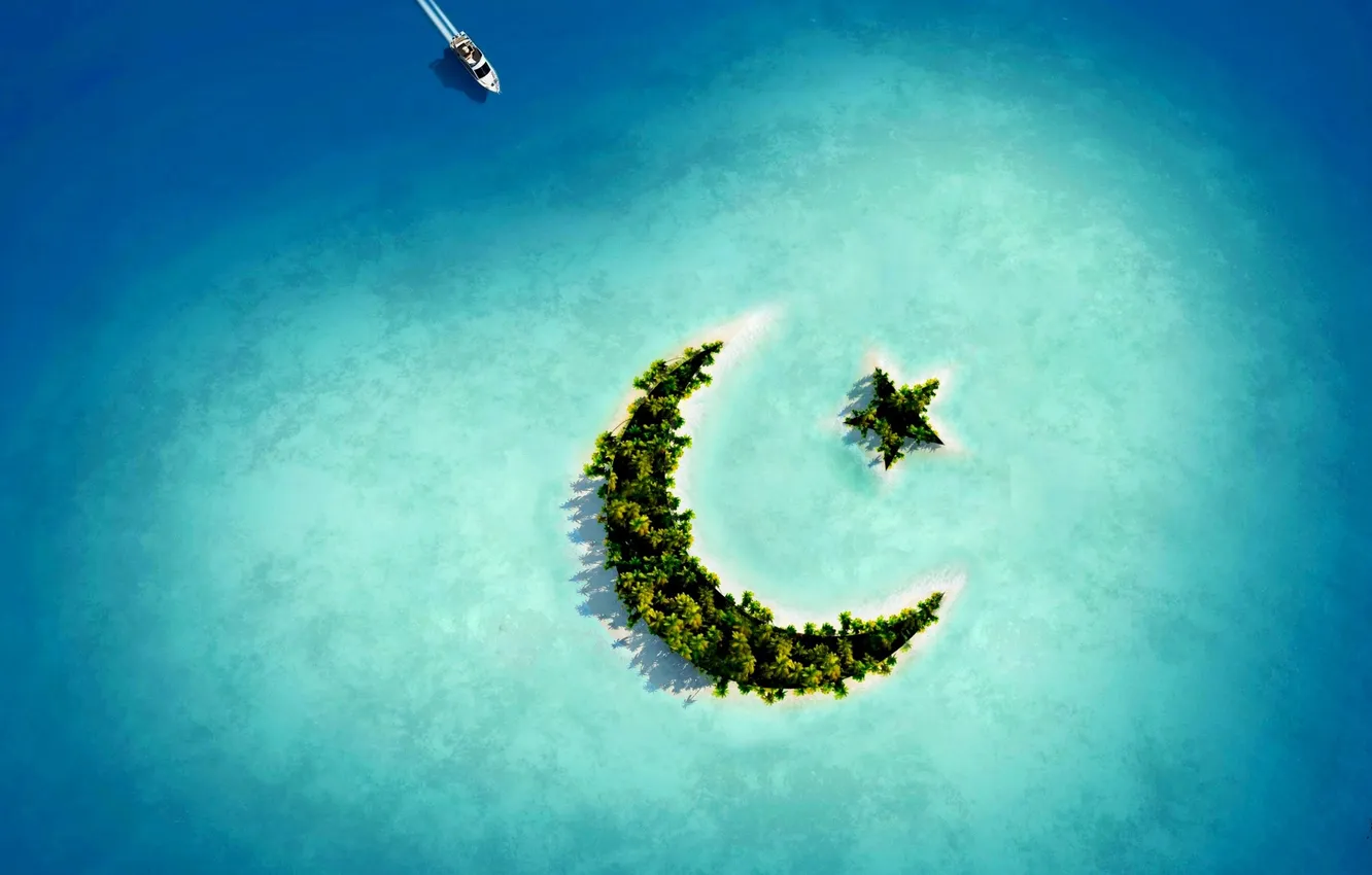 Photo wallpaper stars, tropics, island, boat, journey, the view from the top, Crescent, Bird's-eye view