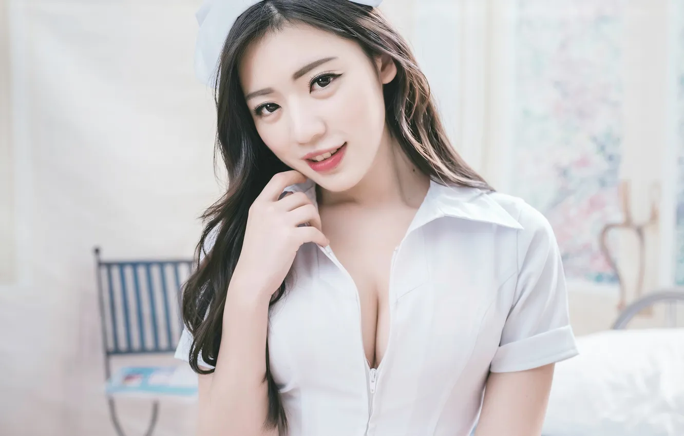 Photo wallpaper look, girl, pose, model, portrait, makeup, dress, brunette