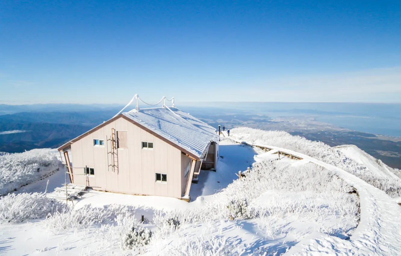 Photo wallpaper winter, snow, trees, landscape, winter, house, hut, landscape