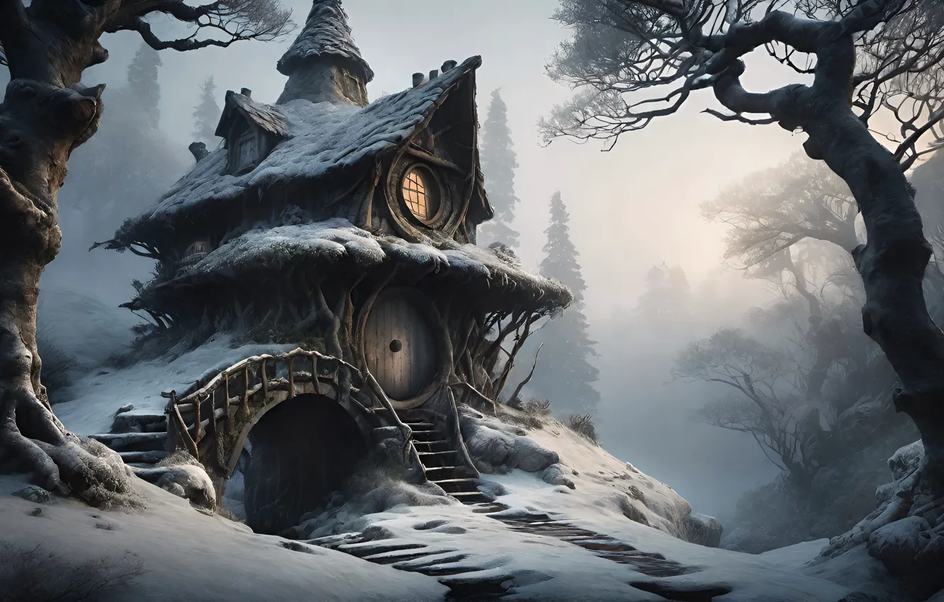 Photo wallpaper winter, snow, nature, home, the snow, house, AI art, neural network