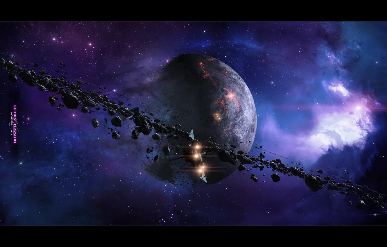 Photo wallpaper the wreckage, planet, asteroids, starship