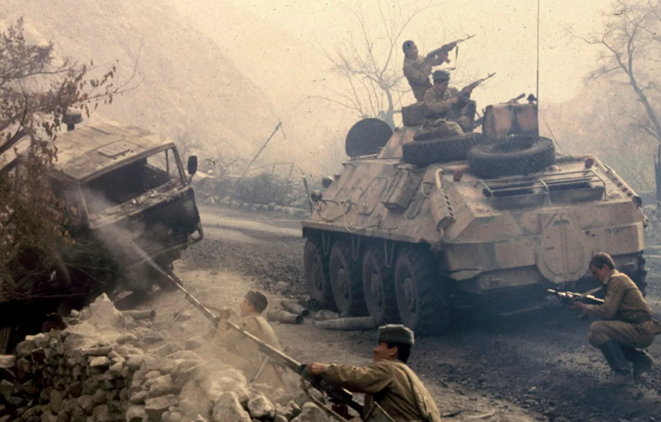 Photo wallpaper Heroes, Soldiers, Military, USSR, Shootout, Afgan, Afghan war, BTR-60