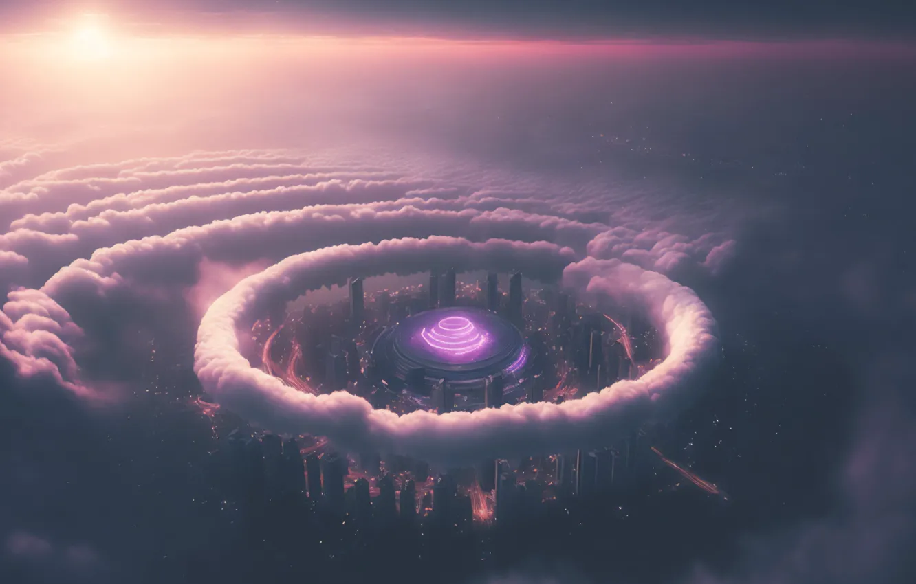 Photo wallpaper clouds, the city, fiction, skyscrapers, the view from the top, AI art