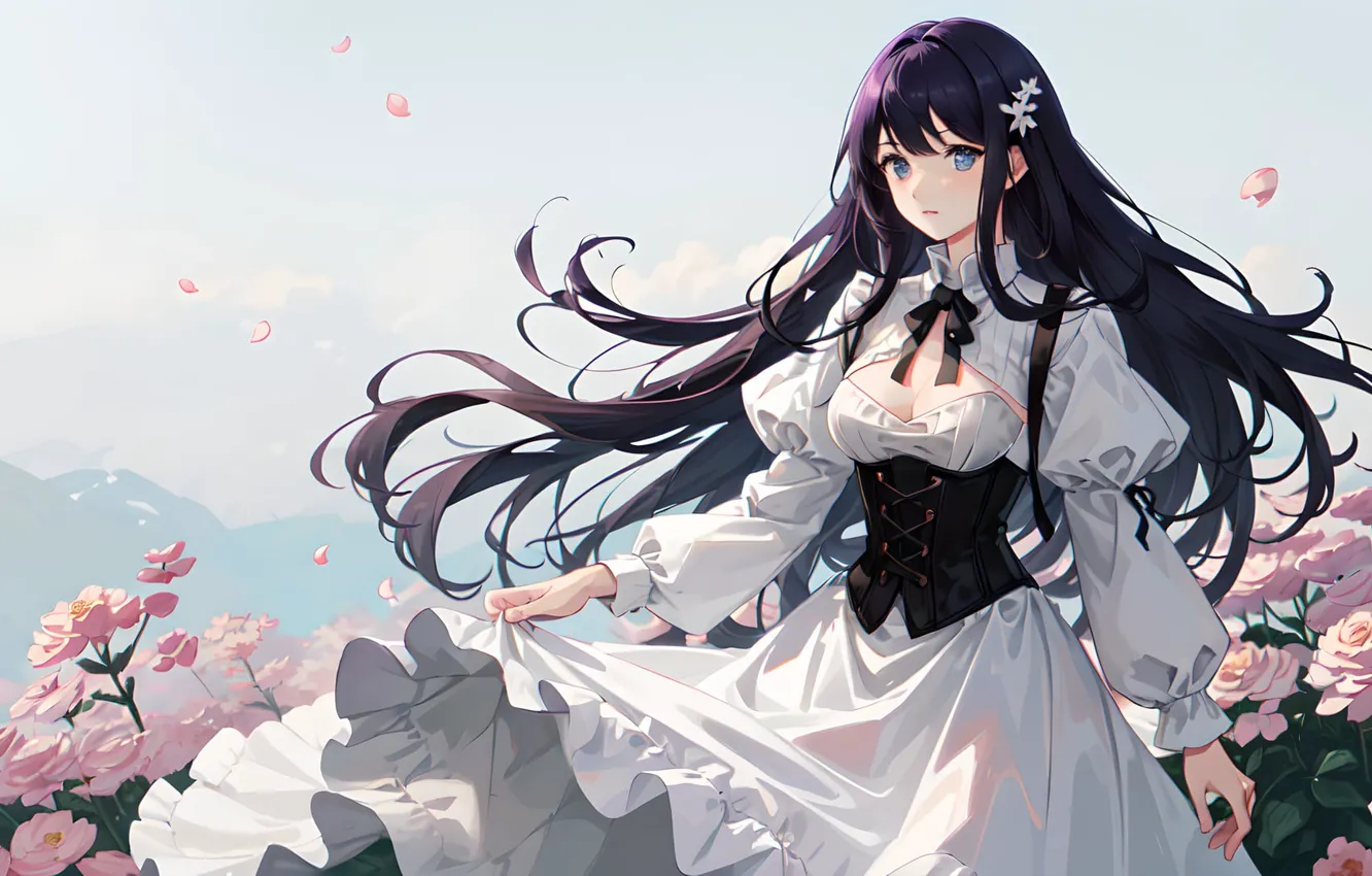 Photo wallpaper flowers, roses, anime, light background, long hair, long hair, anime, flowers