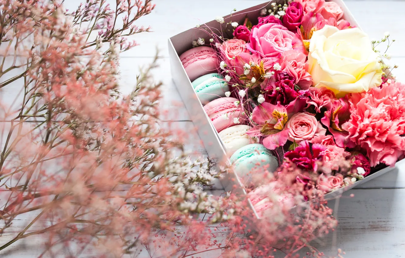 Photo wallpaper flowers, box, pink, flowers, background, macaron