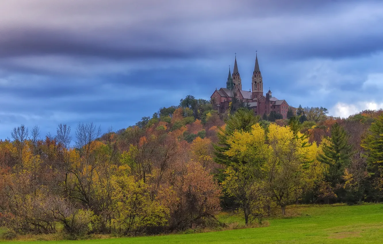 Photo wallpaper autumn, forest, the sky, trees, castle, tower, hill, Church