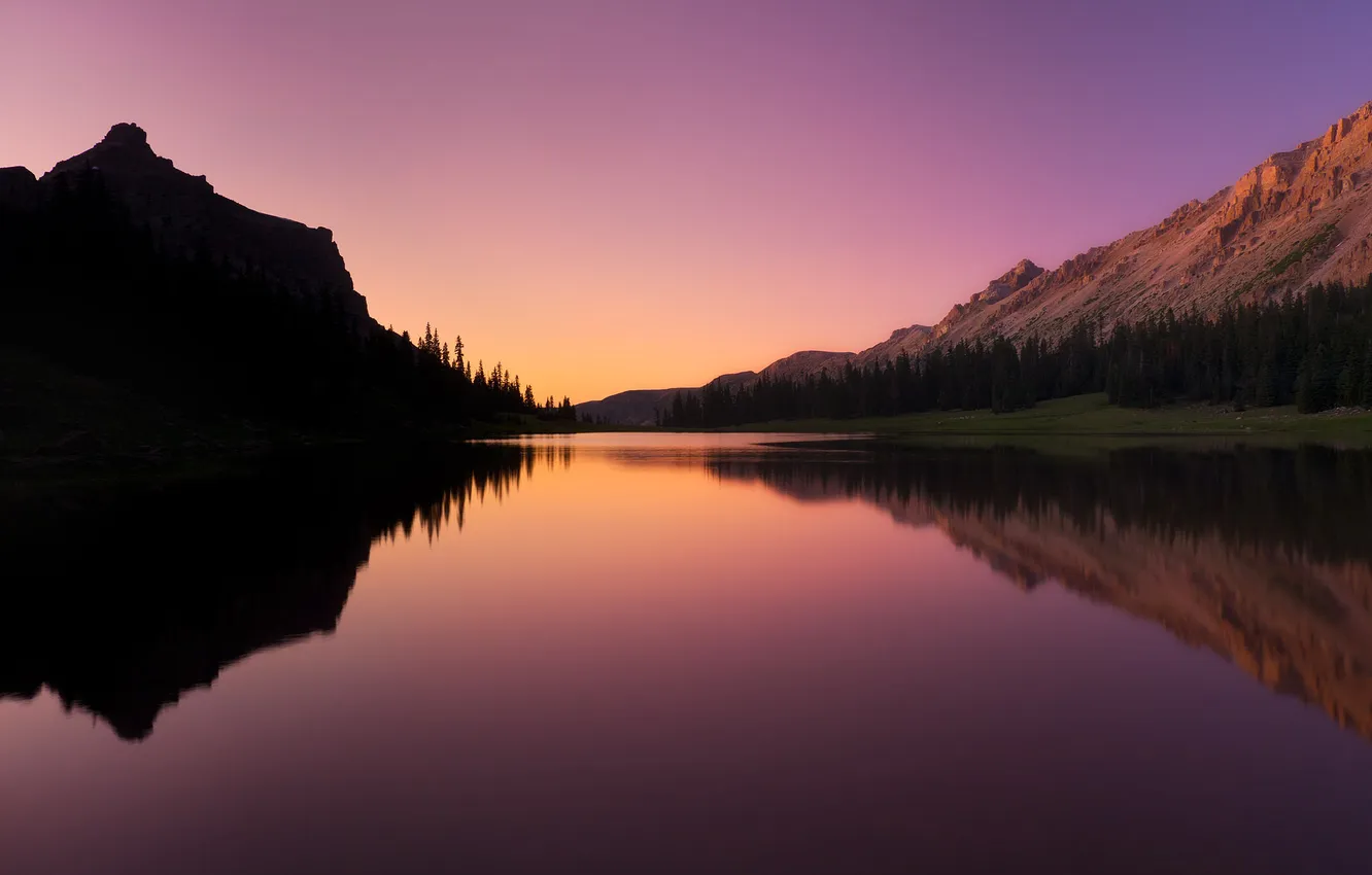 Photo wallpaper forest, the sky, mountains, nature, lake, reflection, the evening