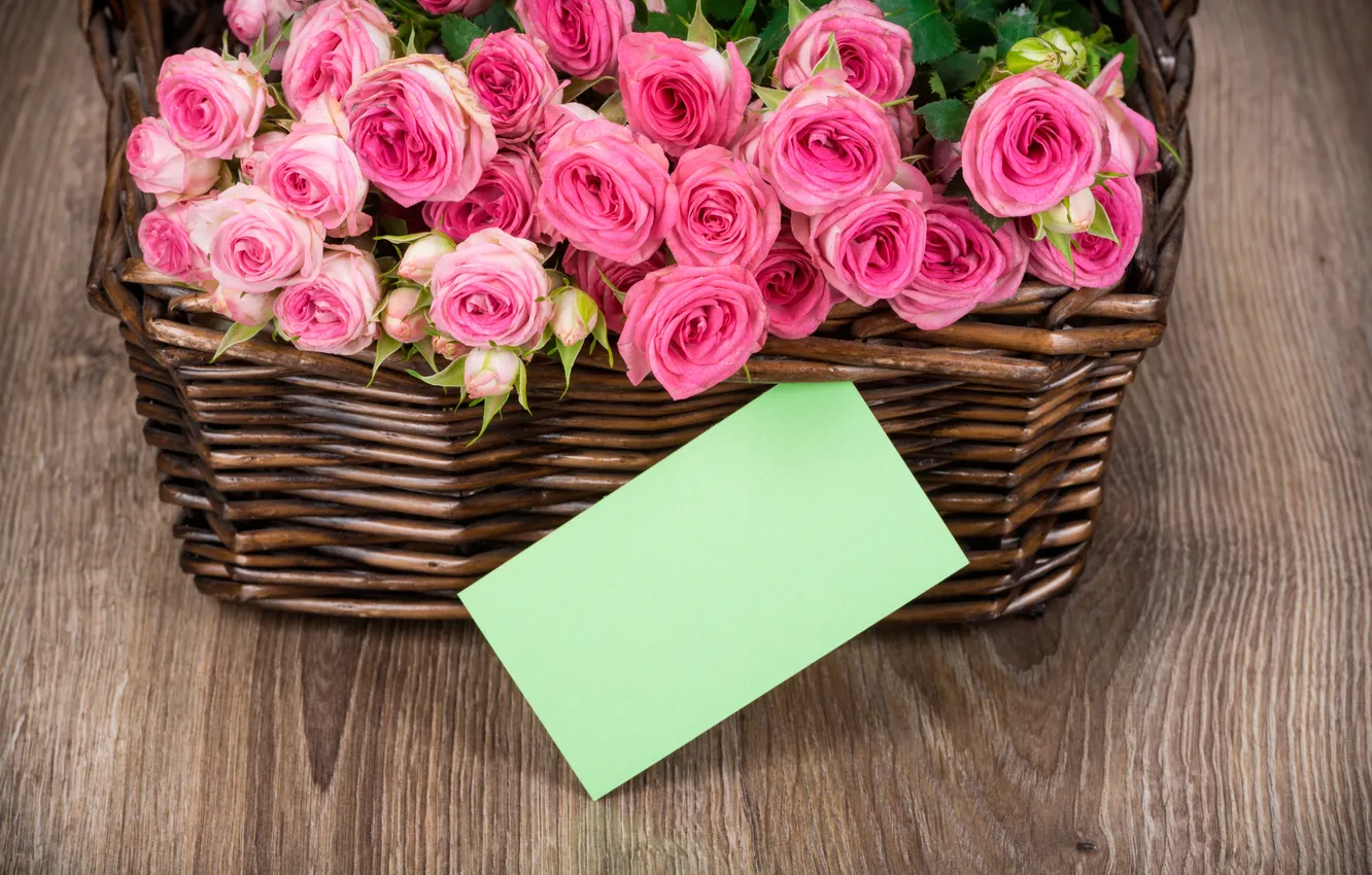 Photo wallpaper basket, roses, bouquet, pink, flowers, romantic, roses, basket