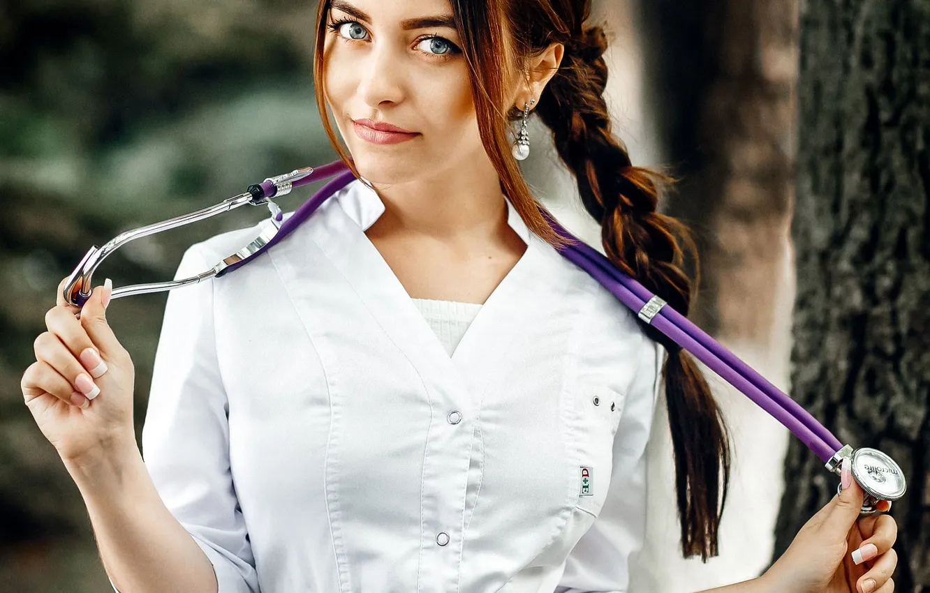 Photo wallpaper girl, trees, nature, Dr., braids, in white, Bathrobe, the doctor