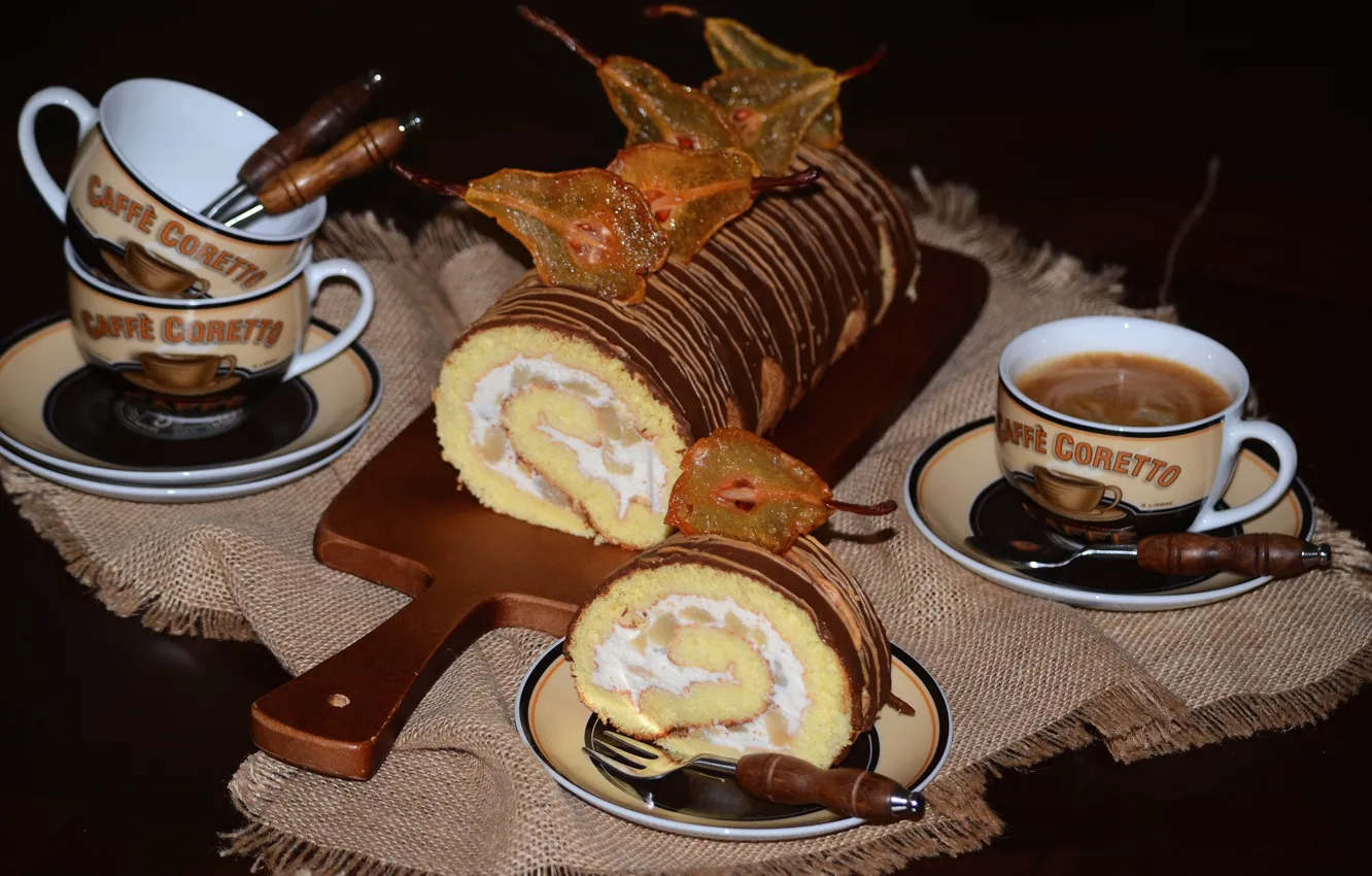 Photo wallpaper coffee, pear, dessert, roll