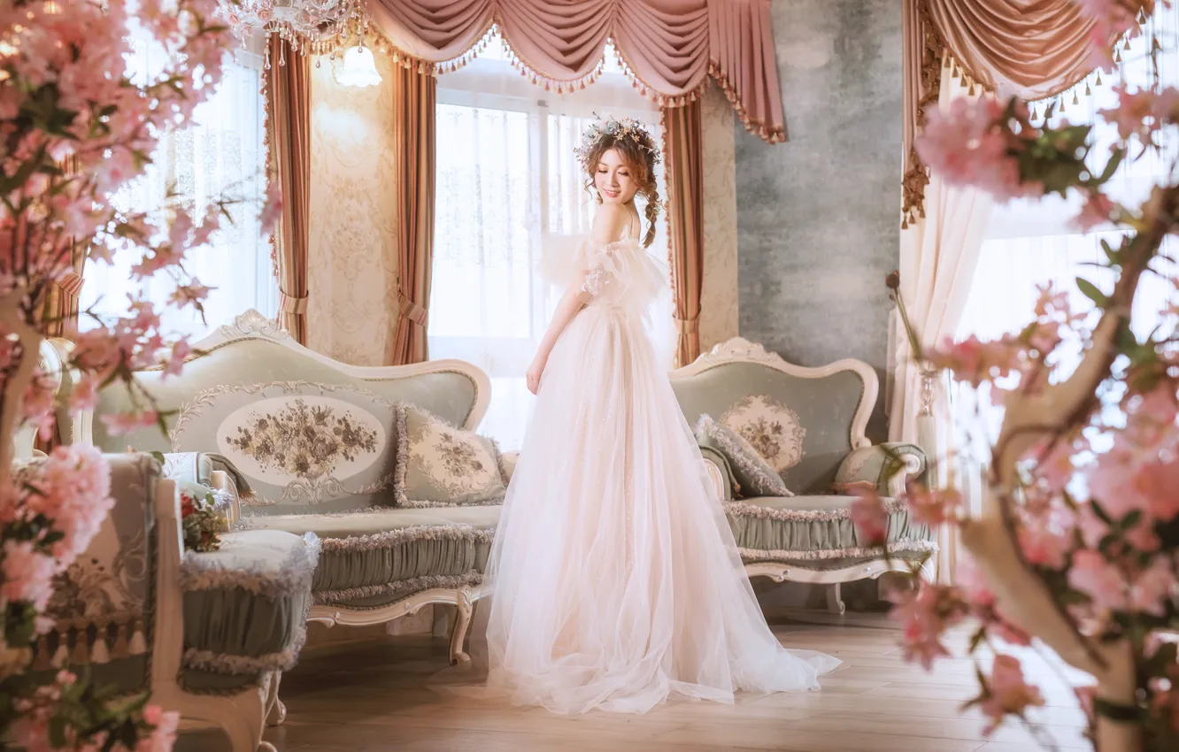 Photo wallpaper girl, flowers, style, room, sofa, interior, dress, Asian