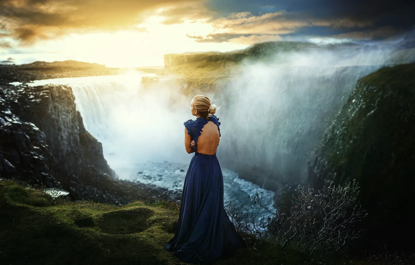 Photo wallpaper girl, river, waterfall