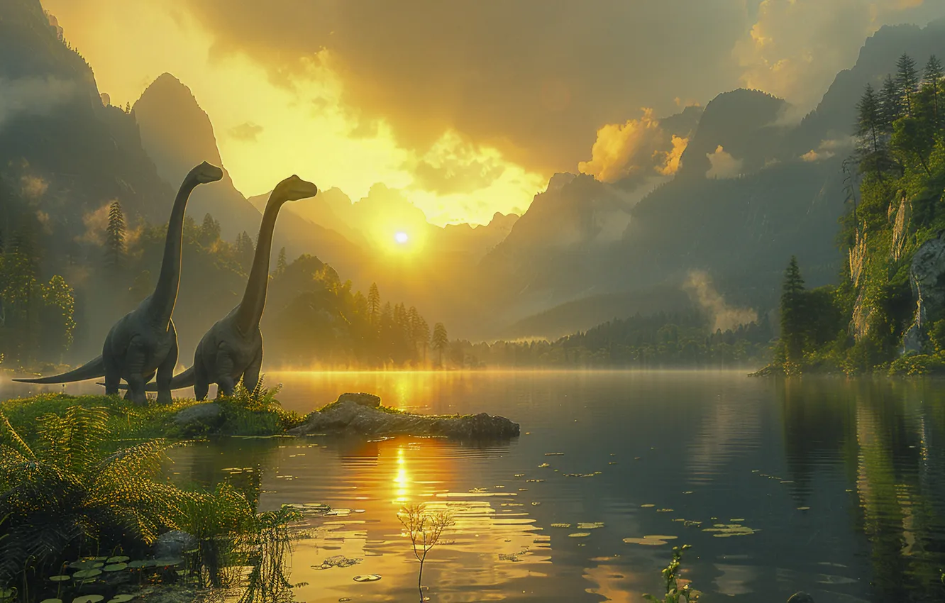 Photo wallpaper Mountains, Lake, Dawn, Two, Digital art, Dinosaurs, AI art, The Art of Artificial Intelligence